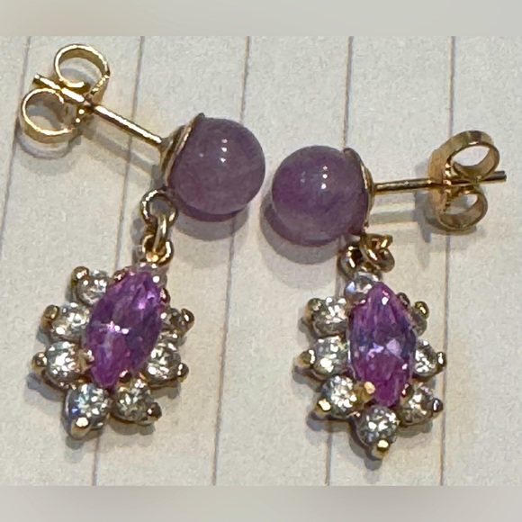 14k 6mm amethyst post earrings w/ faceted lavender stones & cz dangle - Picture 7 of 8